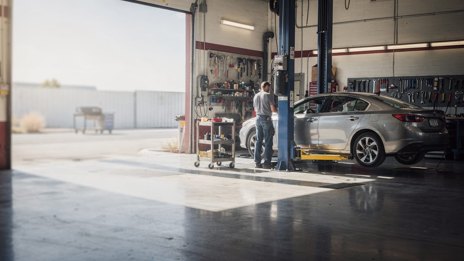 A bright, open service bay at Johnny Good Inc with a car on the lift and tools organized on the wall
